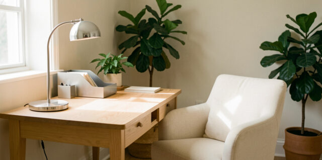 Bureau chaleureux éclairé par la lumière naturelle, avec un plateau en chêne clair, une lampe chromée arrondie, un organiseur argenté, un fauteuil en tissu écru et des plantes vertes.