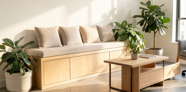 Bureau professionnel lumineux avec une banquette en bois clair équipée de rangements fermés, des coussins texturés, des plantes vertes et une table basse discrète.