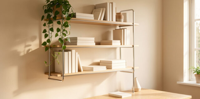 Bureau lumineux et chaleureux avec une étagère murale chromée, un plateau en chêne clair, des livres aux couvertures neutres et une plante retombante éclairée par une lumière douce.