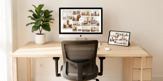 Bureau de télétravail lumineux photographié de face, avec écran, chaise ergonomique, mobilier en bois clair, plante verte et tablette présentant un moodboard visuel de styles décoratifs.