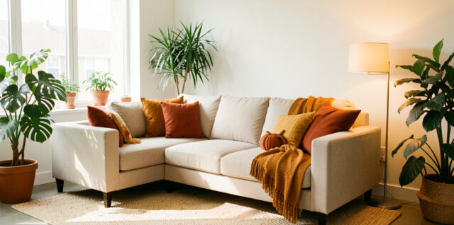 Espace détente de bureau lumineux aménagé comme un salon d’automne chaleureux, avec canapé beige, coussins terracotta et ocre, tapis clair, plantes vertes et lampe sur pied.