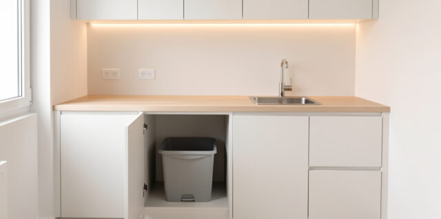 Kitchenette de bureau lumineuse et contemporaine avec évier, meuble bas ouvert et bac à biodéchets coulissant, associant bois clair et façades blanches mates.