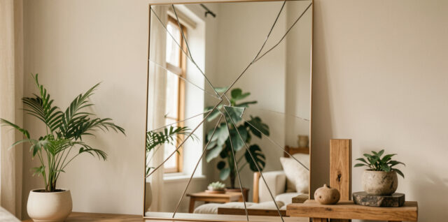 Miroir décoratif fissuré posé contre un mur dans un intérieur harmonieux inspiré du feng shui, éclairé par une douce lumière naturelle.