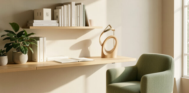 Bureau lumineux en bois clair avec étagère murale, livres d’architecture intérieure sans inscriptions visibles, plante verte, lampe design et fauteuil confortable.