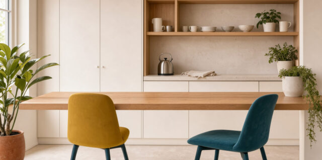 Kitchenette de bureau lumineuse avec table murale en bois clair, deux chaises colorées, rangements intégrés et plantes vertes.