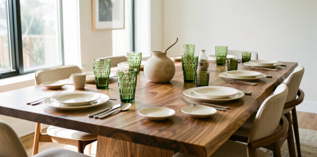 Grande table de réunion en noyer dressée de porcelaine crème, de couverts en acier, de verres vert bouteille texturés et d’un petit vase bas dans un bureau lumineux au style Arts and Crafts contemporain.